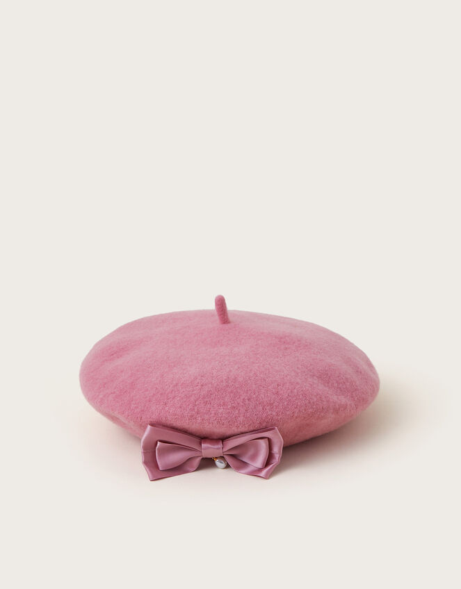 Satin Bow Wool Beret, Pink (PINK), large