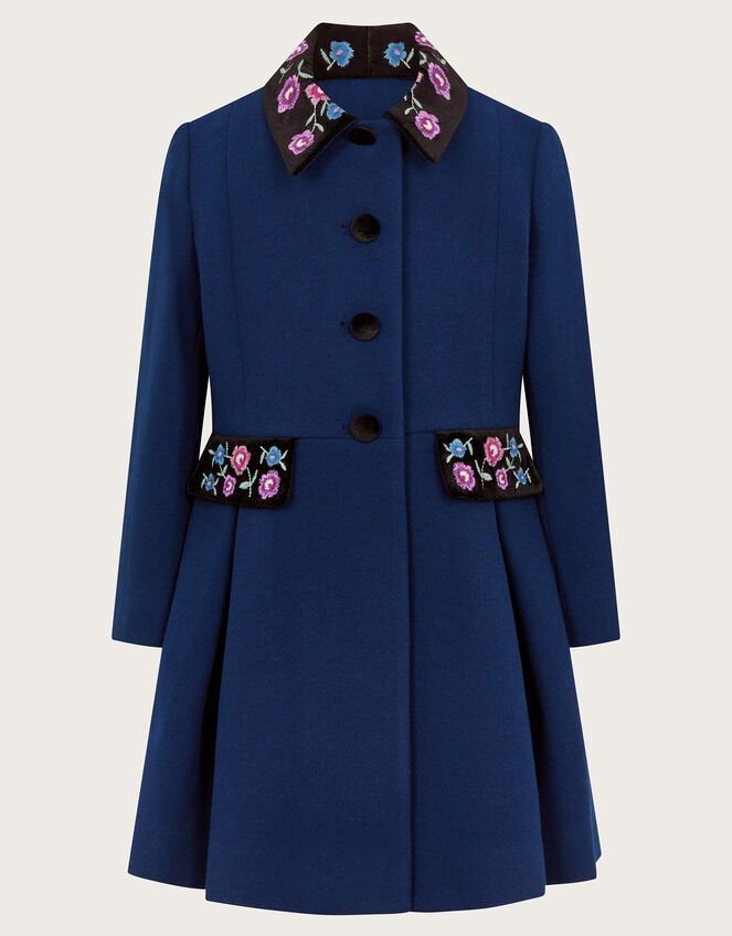 Floral Embroidered Dress Coat, Blue (NAVY), large