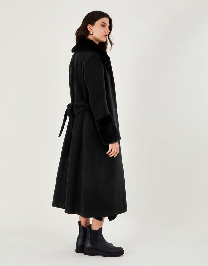 Felicity Faux Fur Trim Belted Wool Blend Coat Black