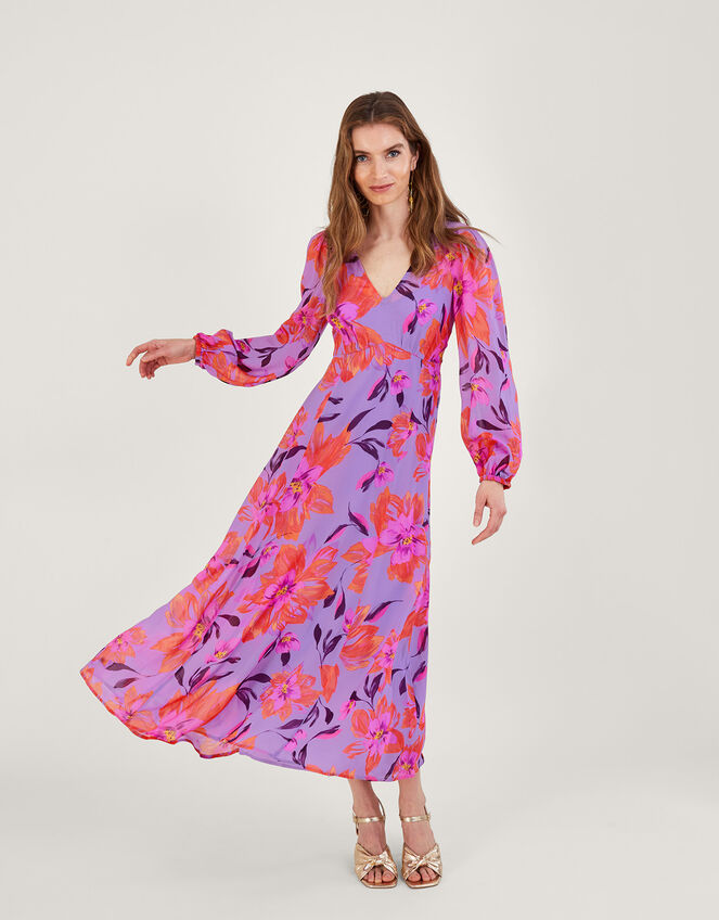 Lillith Floral Print Dress in Sustainable Viscose Purple | Evening ...
