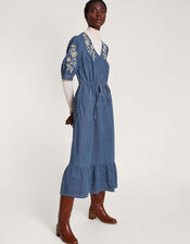 Embroidered Denim Midi V-Neck Dress, Blue (DENIM BLUE), large