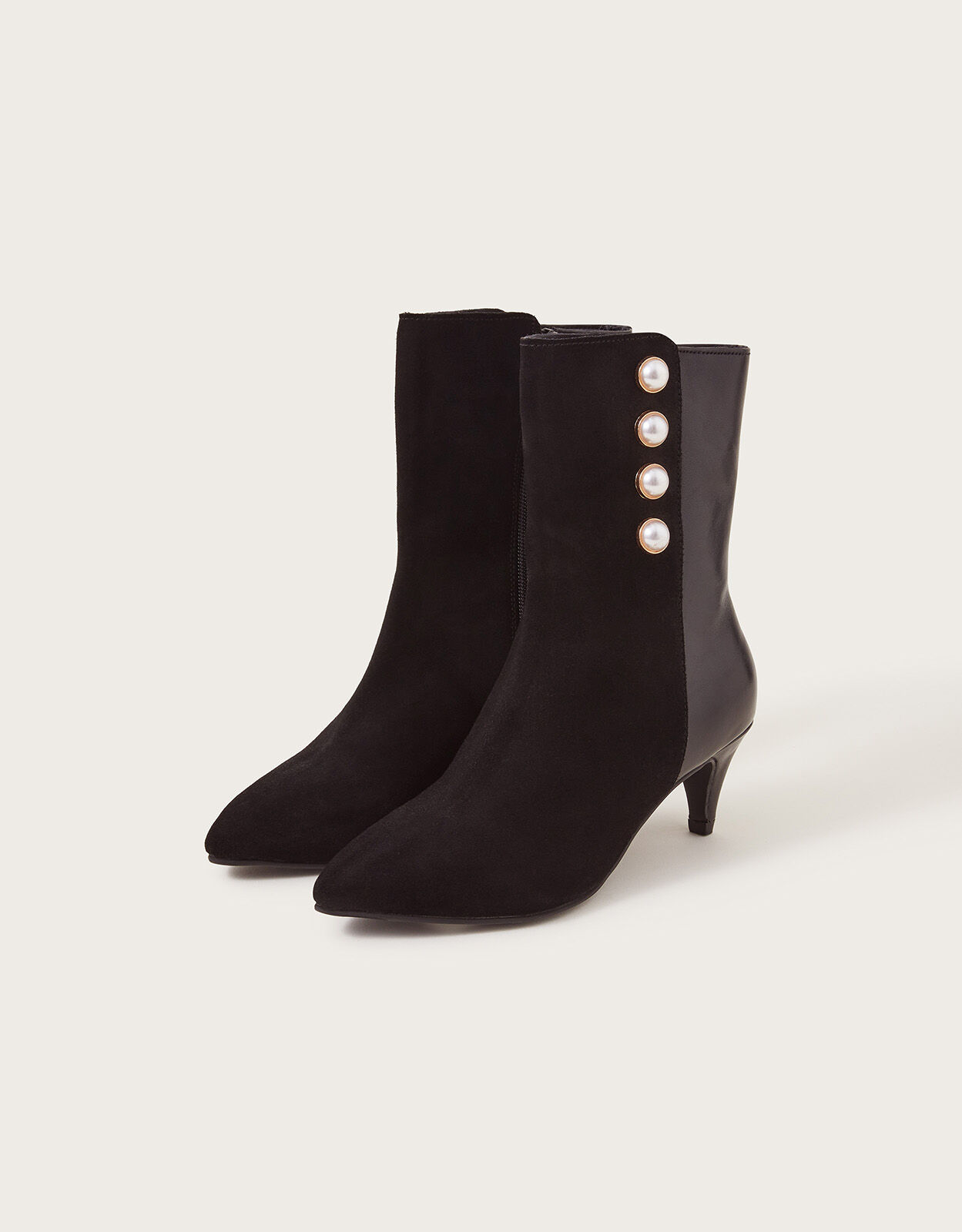 Pearl Button Leather Ankle Boots Black
