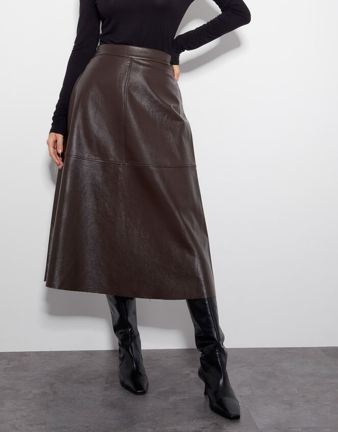 Pippa Faux Leather Midi Skirt, Brown (CHOCOLATE), large