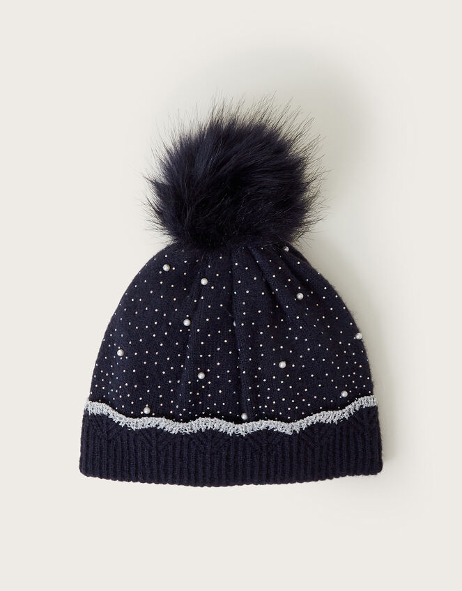 Rosie Scallop Pom-Pom Beanie Hat, Blue (NAVY), large