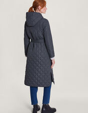 Quinn Quilted Hooded Longline Coat in Recycled Polyester, Grey (GREY), large