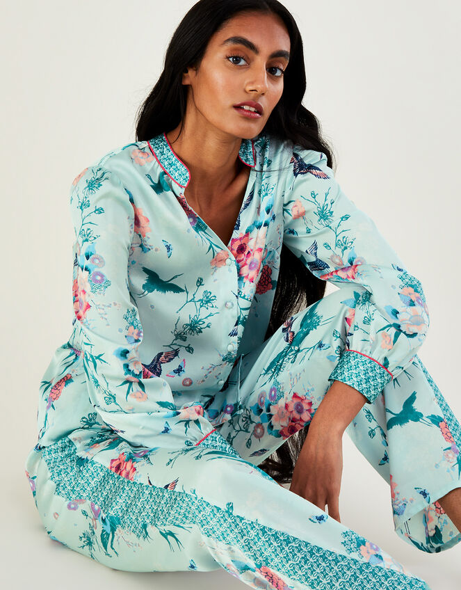 Floral Print Satin Pyjama Set, Green (MINT), large