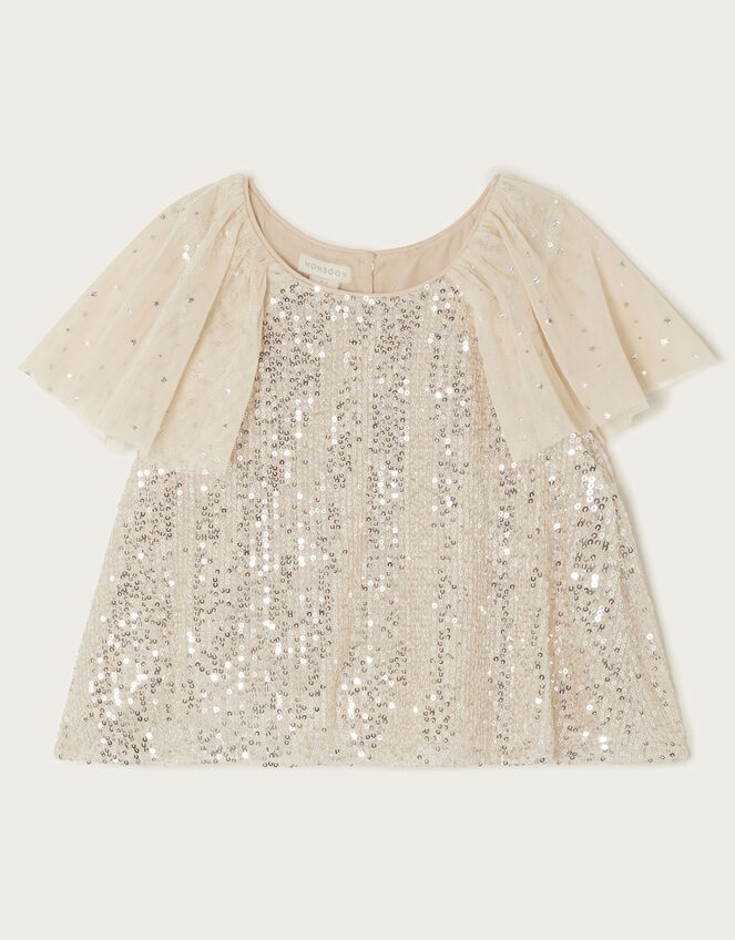 Adele Flutter Sleeve Sequin Top, Natural (CHAMPAGNE), large