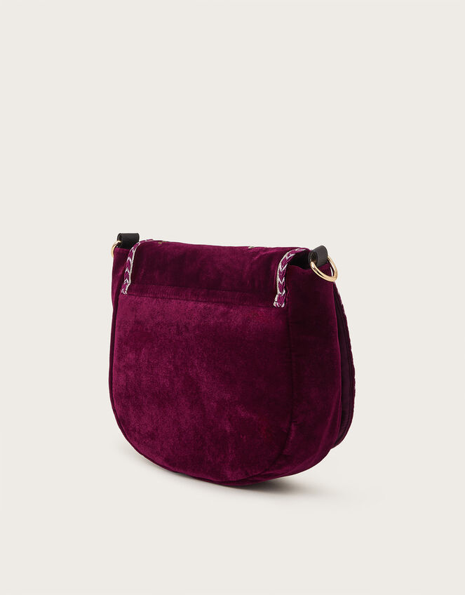 Freya Embroidered Velvet Saddle Bag, Red (BURGUNDY), large