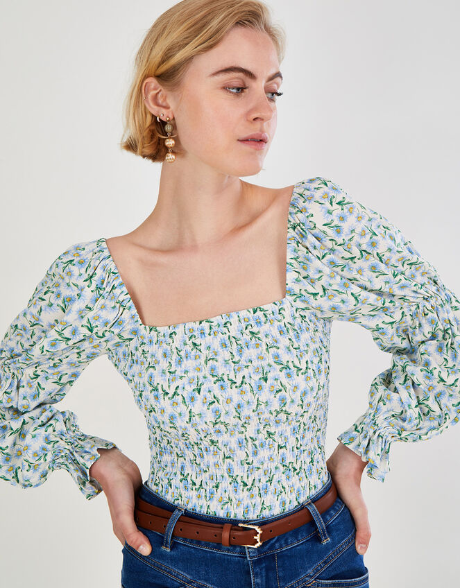 Ditsy Shirred Top in Recycled Polyester Blue