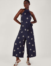 Embroidered Motif Halter Neck Jumpsuit, Blue (BLUE), large