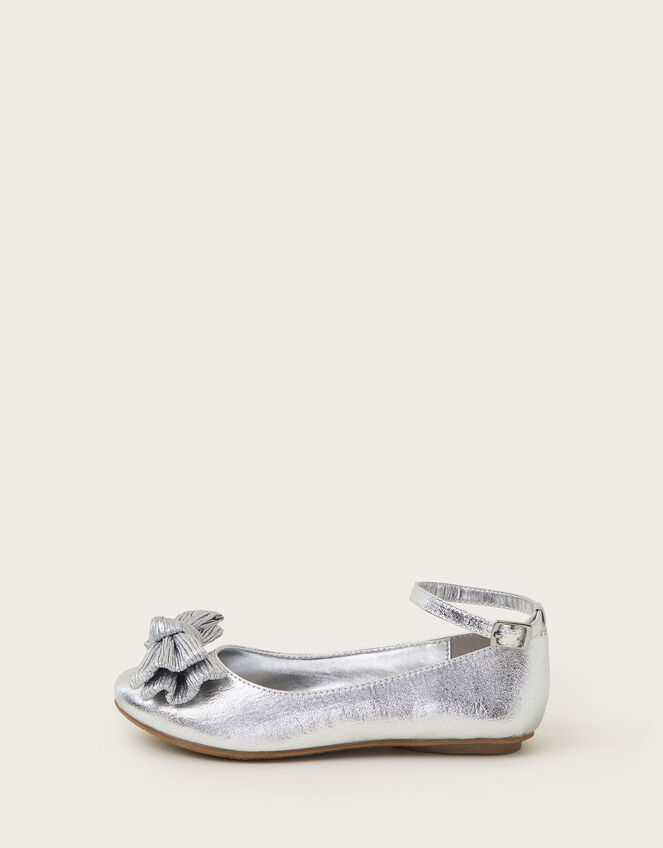 Pleated Bow Ballet Flats, Silver (SILVER), large