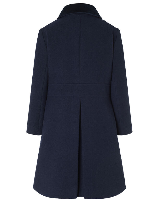 Velvet Trim Coat with Brooch Blue