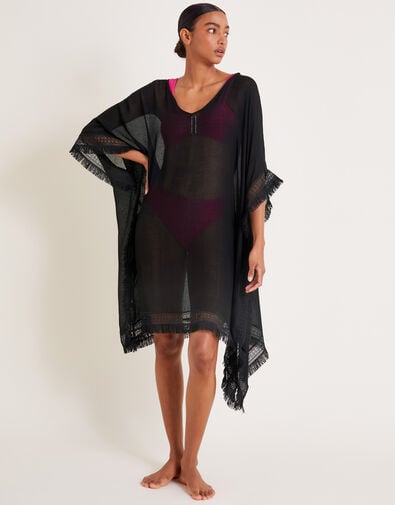 Fringe Trim Poncho, , large