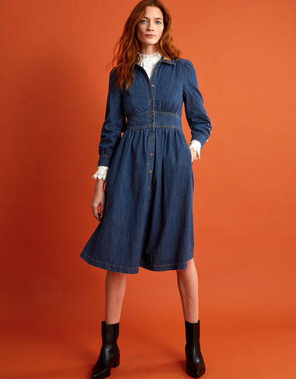 Embroidered Denim Midi Shirt Dress, Blue (DENIM BLUE), large