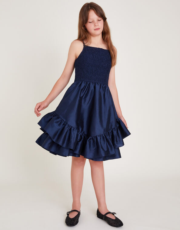 Clariska Smocked Taffeta Prom Dress, Blue (NAVY), large