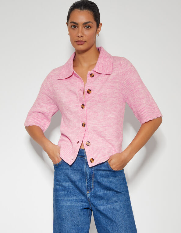 Cindy Short Sleeve Collar Cardigan, Pink (PINK), large