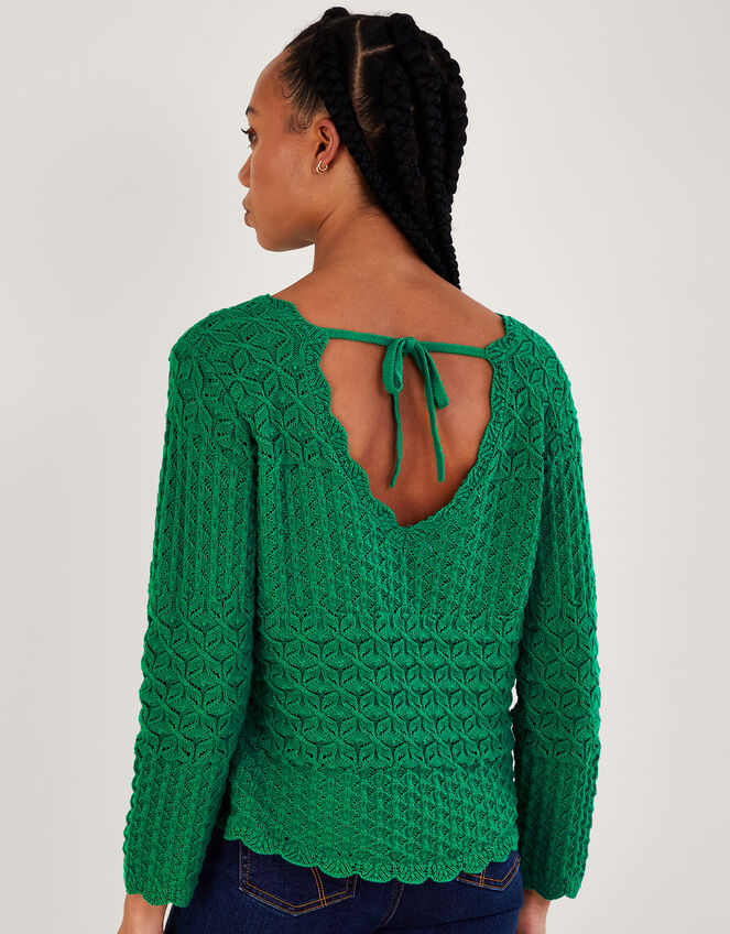 Pointelle Stitch Jumper with Tie Back in Sustainable Cotton Green