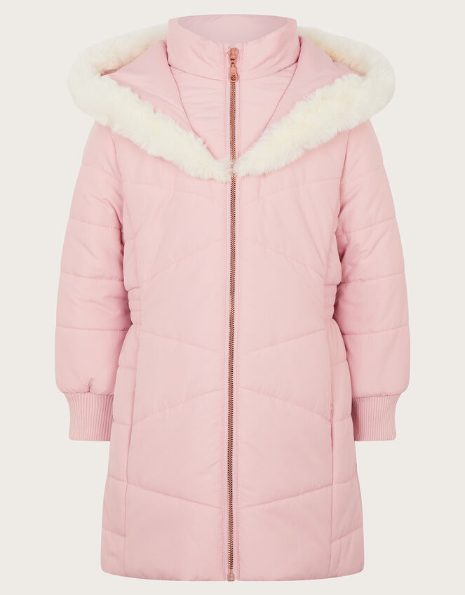 Faux Fur Trim Hooded Puffer Coat, Pink (PINK), large