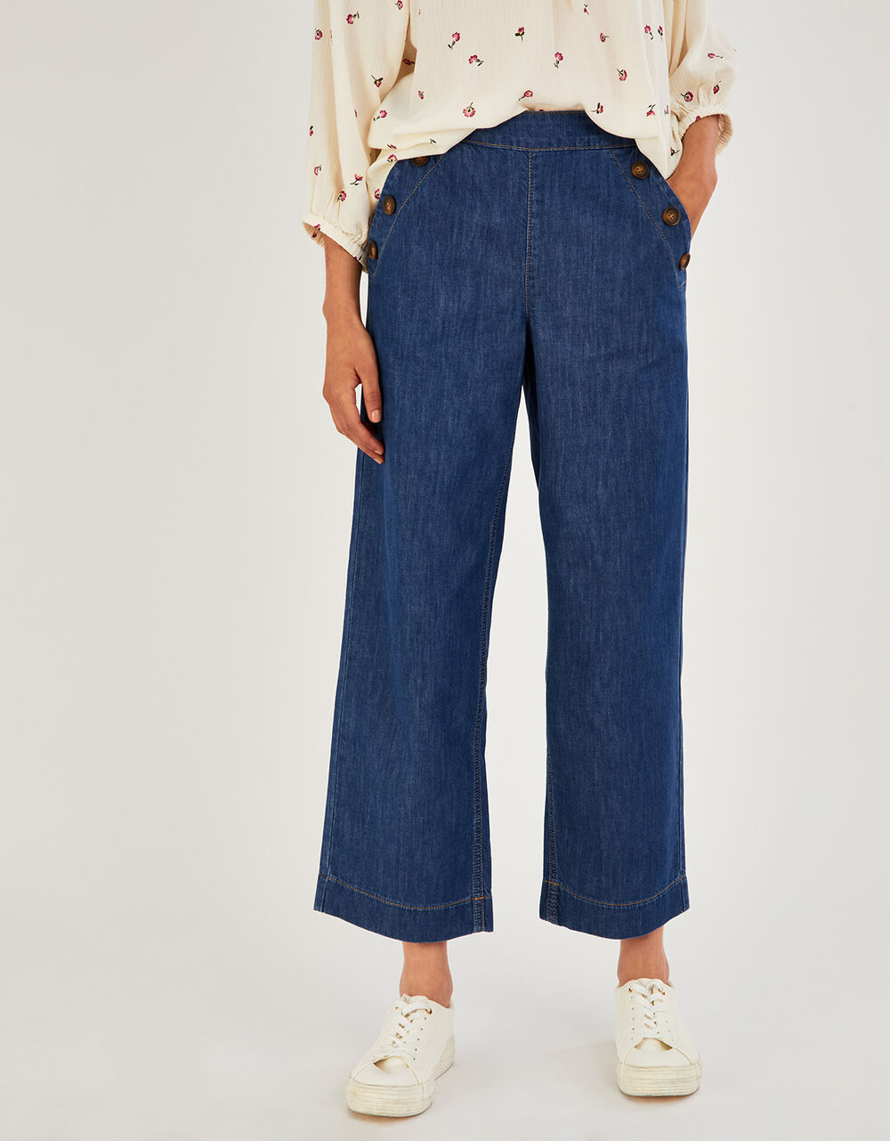 Denim Pull On Crop Flared Jeans in Organic Cotton Blue | Trousers ...