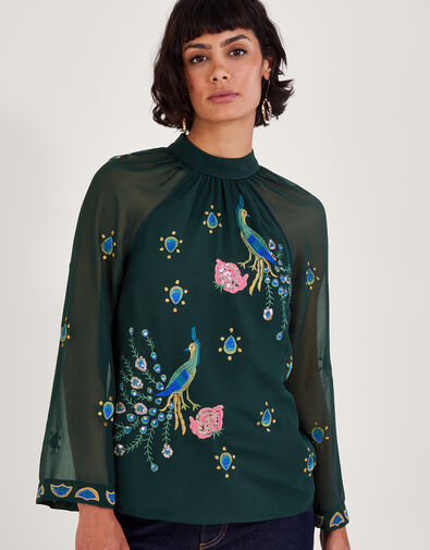 Perla Peacock Embellished Blouse, Green (DARK GREEN), large