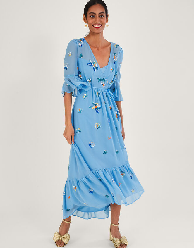 Daniella Embellished Wrap Dress In Recycled Polyester Blue Evening