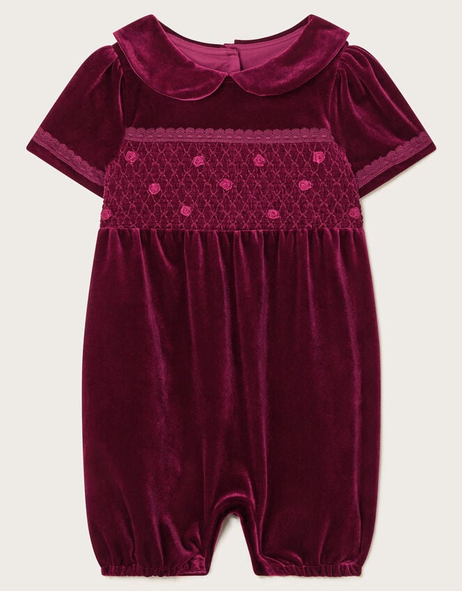 Baby Smocked Velour Romper, Red (BURGUNDY), large