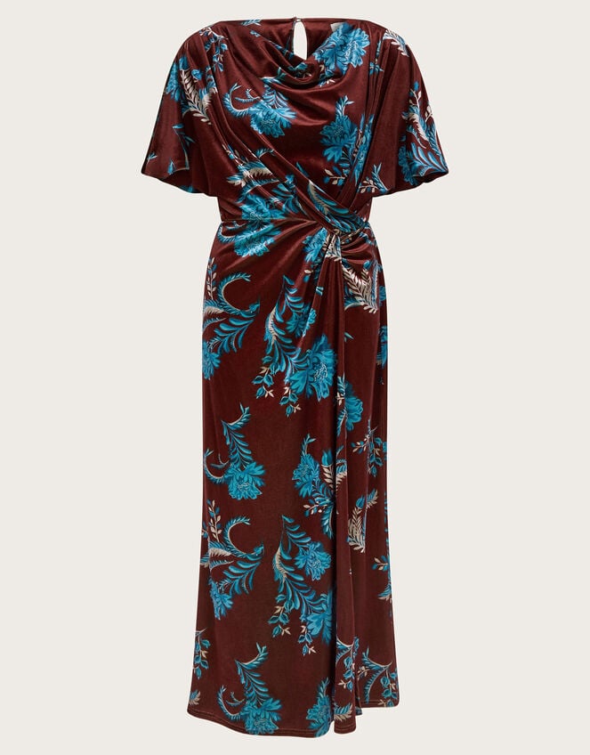 Sassa Floral Velvet Cowl Midi Dress, Brown (BROWN), large