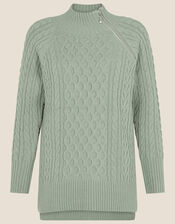 Zola Zip Neck Cable Jumper, Green (SAGE), large