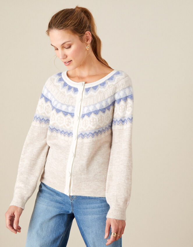 Fair Isle Print Cardigan with Recycled Fabric Natural