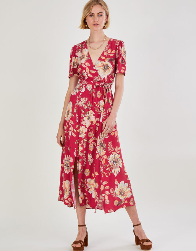 Bex Sequin Floral Wrap Dress in Sustainable Viscose Red