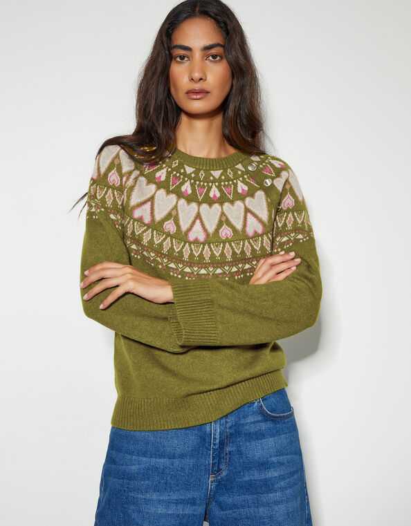 Paula Heart Knit Jumper, Green (OLIVE), large