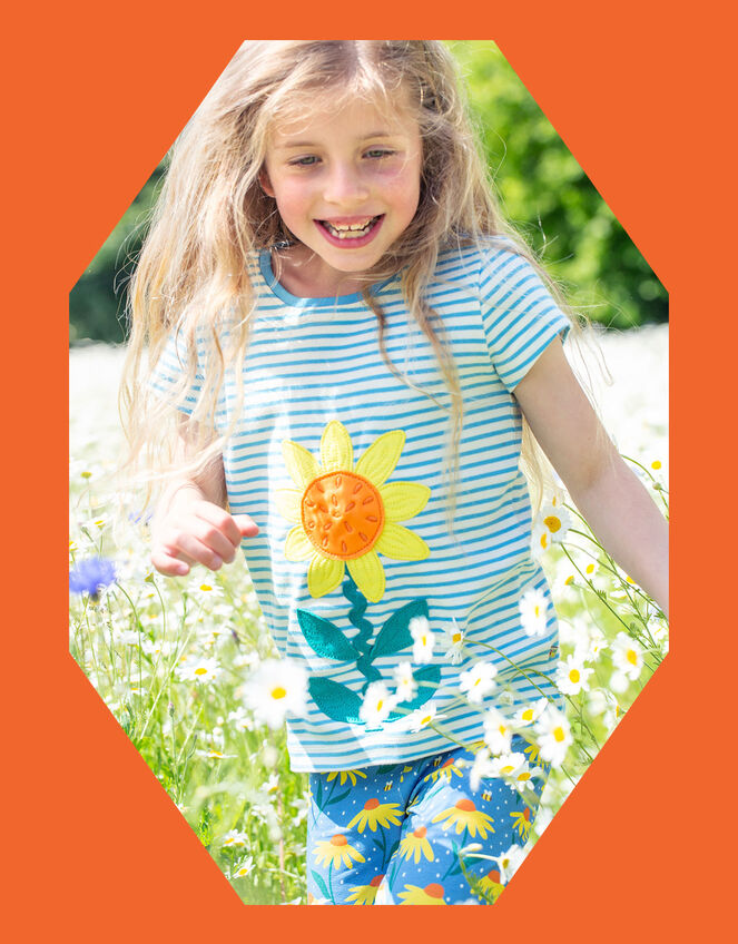 Frugi Sunflower Applique T-Shirt, Blue (BLUE), large