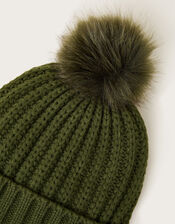 Lilia Ribbed Faux Fur Bobble Hat, Green (KHAKI), large