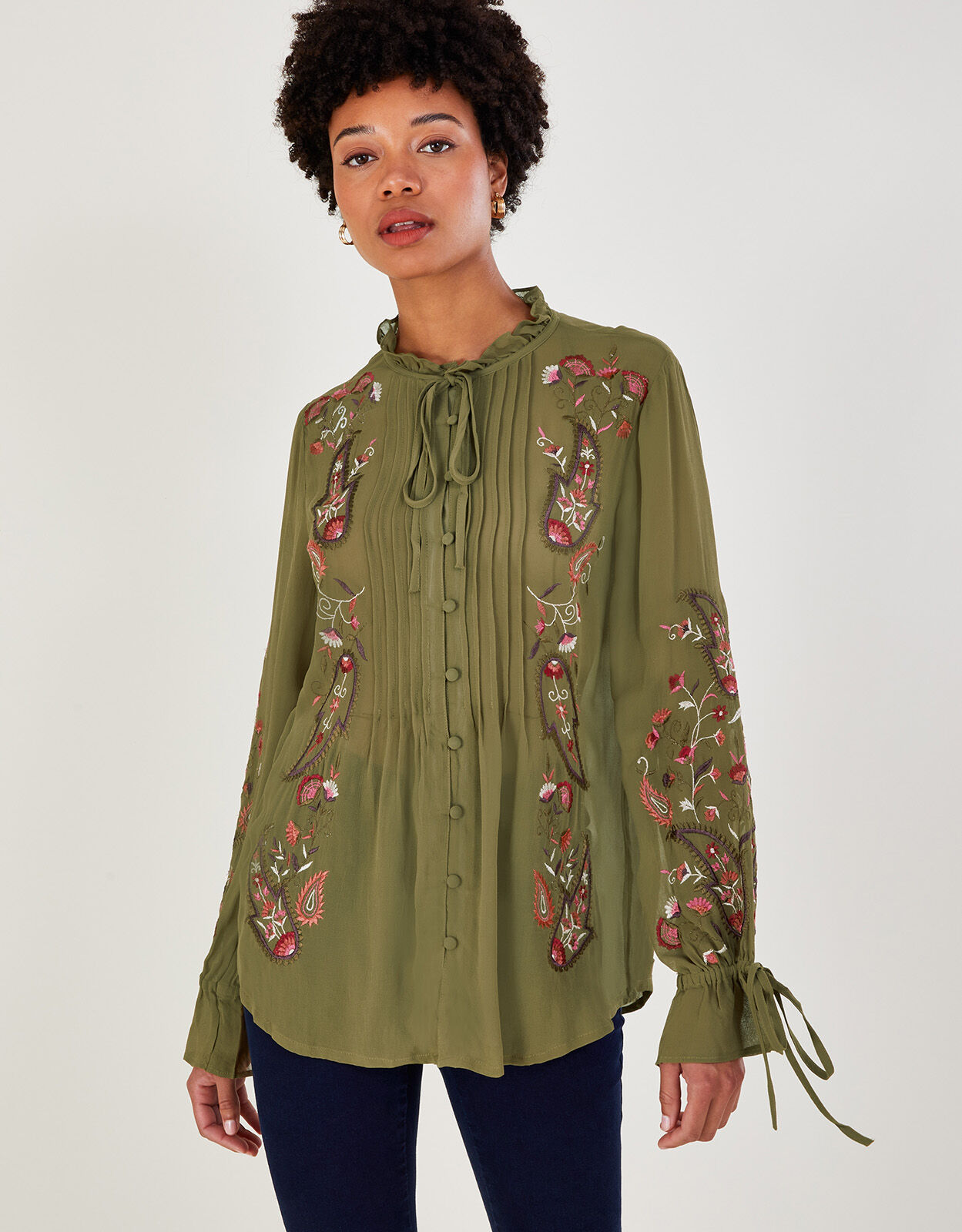 Grace Embroidered Long Sleeve Top Green