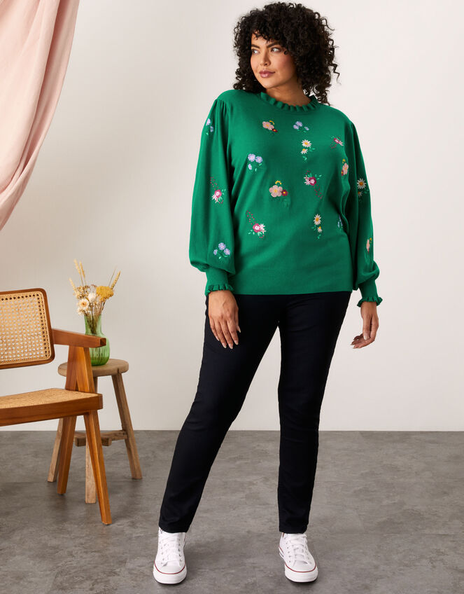 Floral Embroidered Frill Neck Jumper, Green (GREEN), large