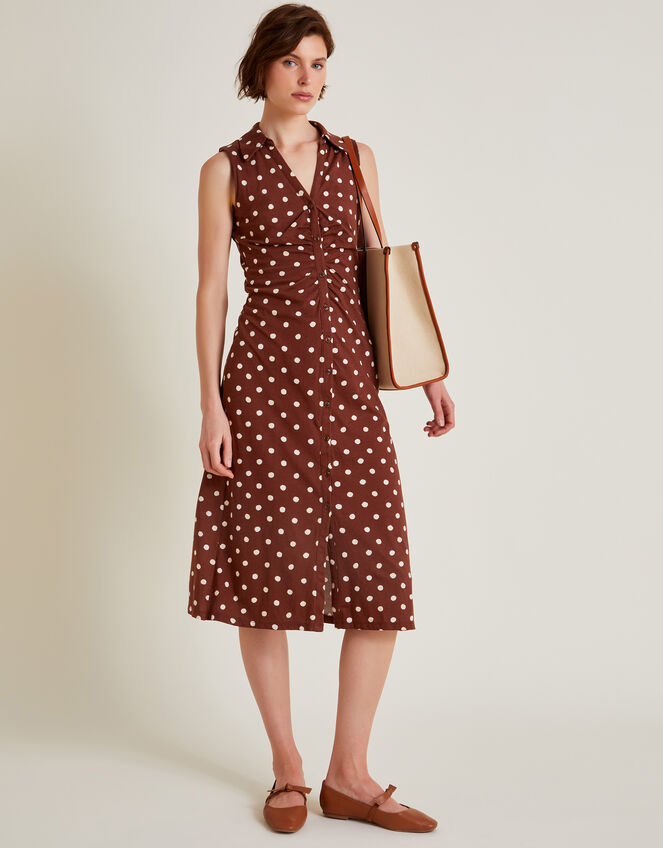 Paris Spot Sleeveless Midi Dress, Brown (BROWN), large