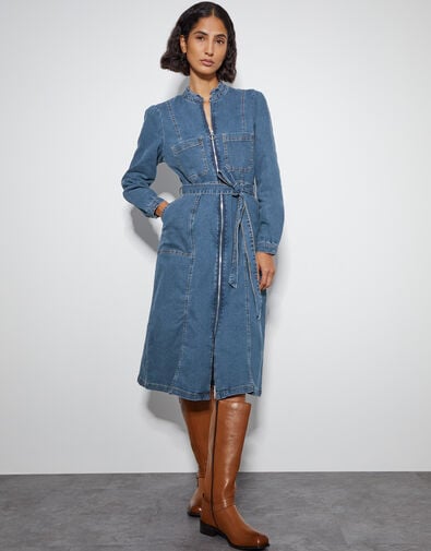 Izzy Long Sleeve Denim Zip Midi Dress, Blue (DENIM BLUE), large