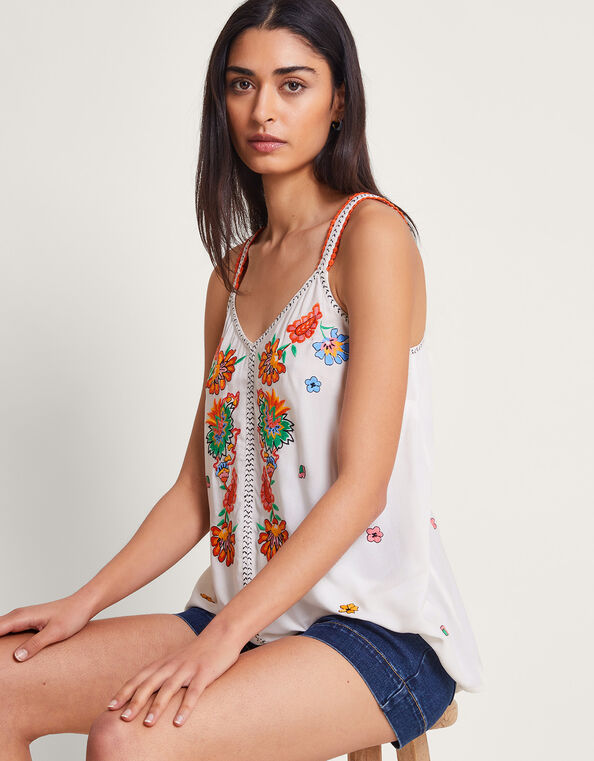 Monsoon Embroidered Cami Sleeveless Top, White/Pink at John Lewis & Partners