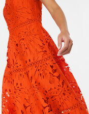 Monsoon- Maria Palm Lace Midi Dress , Orange (ORANGE), large