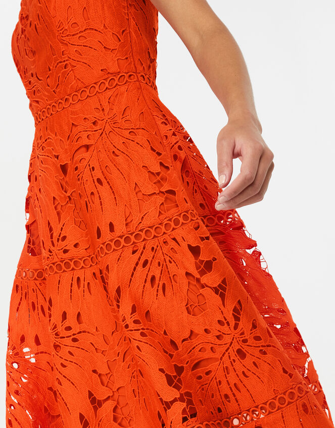 Monsoon- Maria Palm Lace Midi Dress , Orange (ORANGE), large