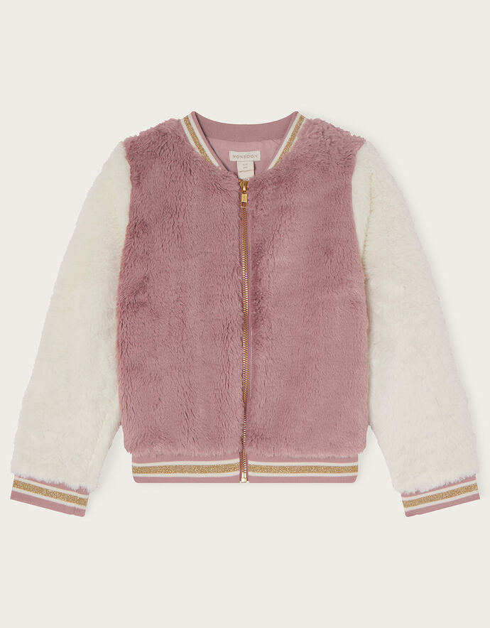 Faux Fur Varsity Bomber Jacket Pink