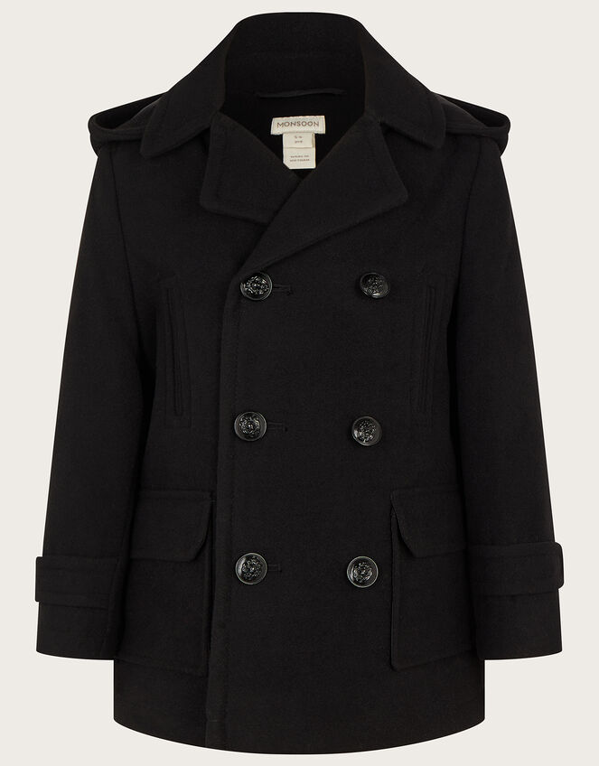 Double Breasted Peacoat with Hood Black