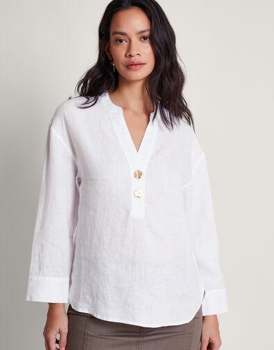 Camille Button Linen Top, White (WHITE), large