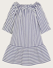 Stripe Puff Sleeve Dress, White (WHITE), large