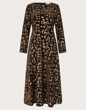 Arwen Sequin Leopard Velvet Midi Dress, Brown (CHOCOLATE), large