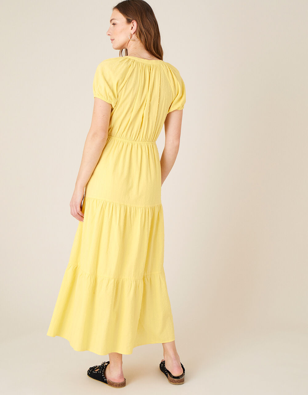 Tiered Midi Dress in Pure Cotton Yellow | Casual & Day Dresses ...