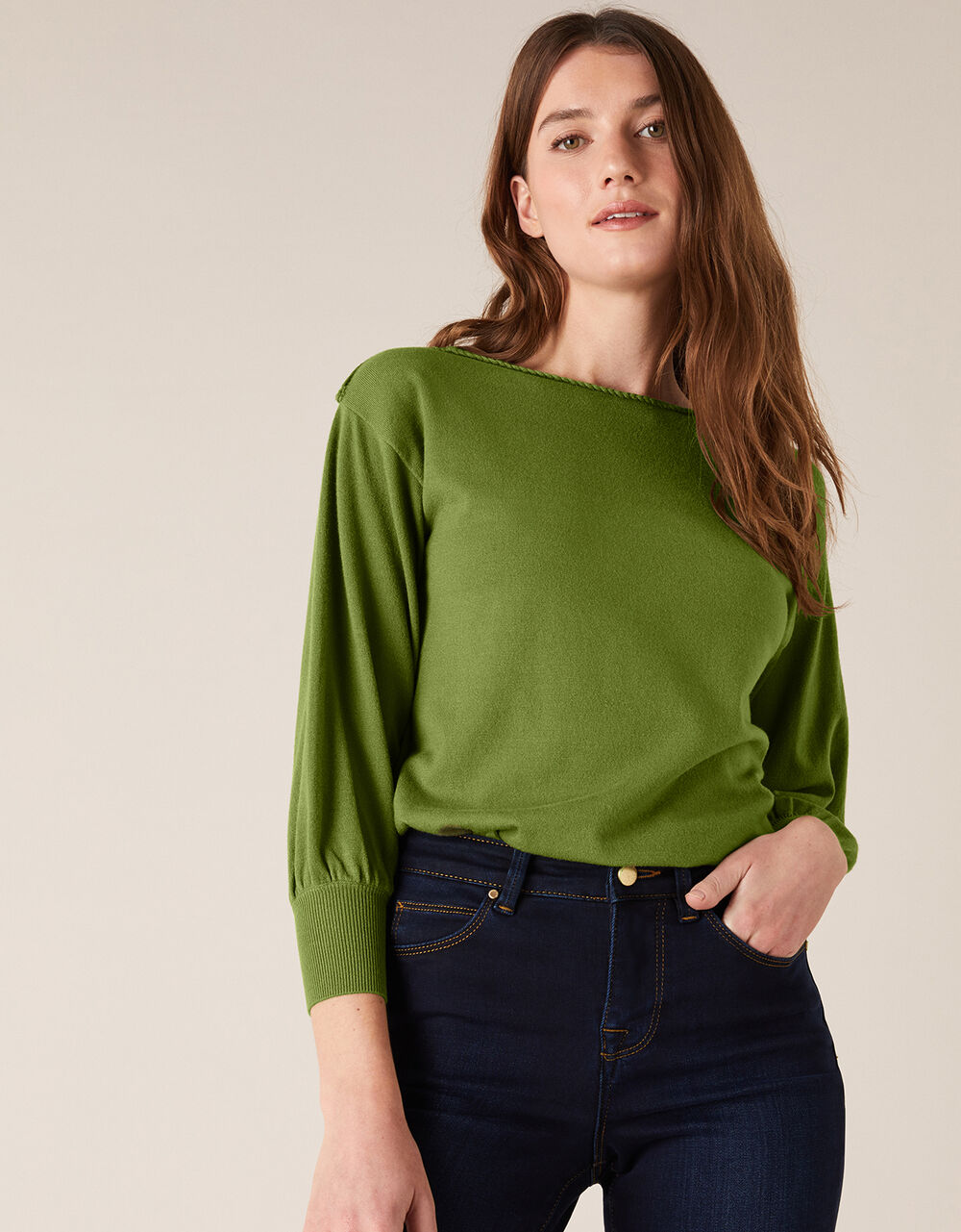 Braid Trim Longline Jumper with Recycled Nylon Green | Jumpers ...