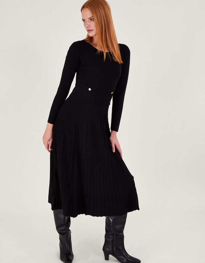Pleat Trim Slash Neck Midi Dress with Lenzing™ Ecovero™ Black