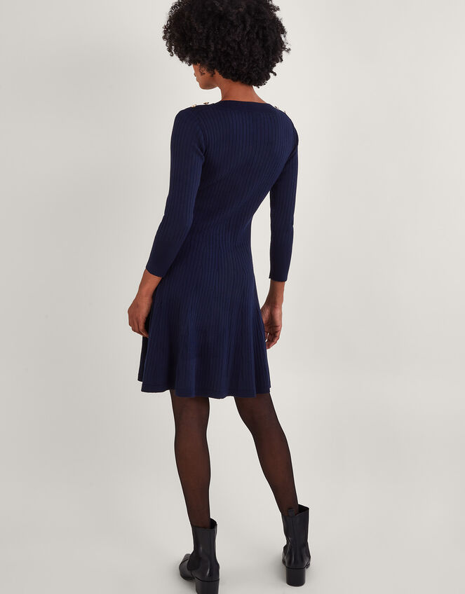 Button Detail Ribbed Fit and Flare Dress with Recycled Polyester Blue