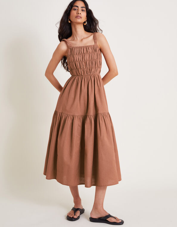Nisha Smocked Sleeveless Midi Dress, Brown (BROWN), large